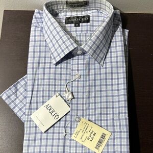 Adolfo Men's Blue and White Checkered Dress Shirt